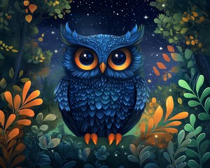 Obraz premium Whimsical illustration of a charming blue owl with big eyes, perched in a vibrant forest under a starry night sky.