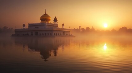 Obraz premium Peaceful view of a Sikh gurdwara with its golden dome reflecting in still waters, symbolizing purity, spirituality, and peace