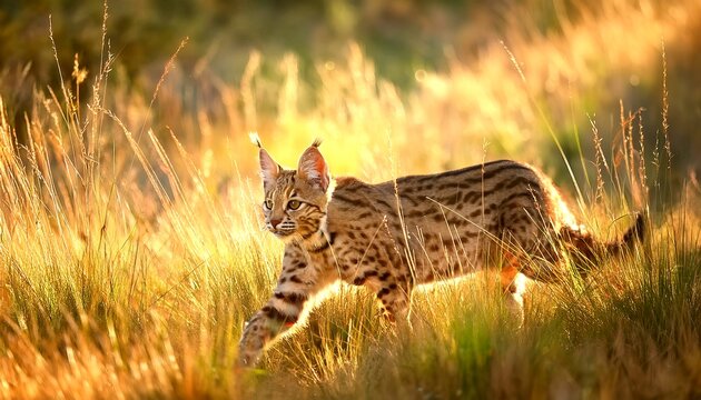 A captivating image of a Serval walking through tall grass at sunset, showcasing its graceful form and alert gaze.