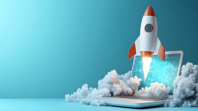 A white laptop with a rocket ship emerging from its screen and surrounded by clouds. The rocket ship has a red top and a glowing tail, symbolizing a business taking off.