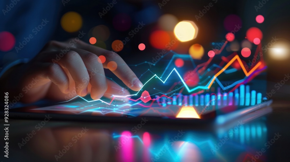 Aufkleber businessman hand using tablet with creative glowing arrow and stock chart hand of businessman use ta