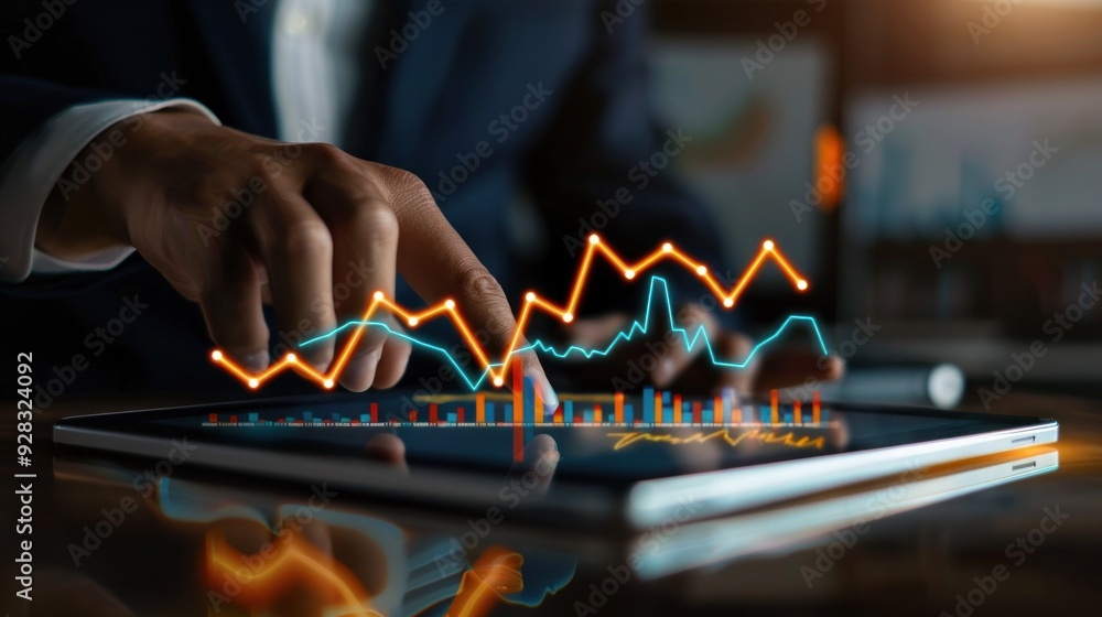Poster businessman hand using tablet with creative glowing arrow and stock chart hand of businessman use ta