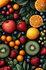 October design for World Food Day with a hand-drawn flat cartoon background featuring a variety of foods, fruits, and vegetables.