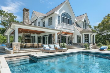Pristine manicured lawn in front of a modern minimalist home with poolside seating, located in Long Island, New York, featuring lush green grass.