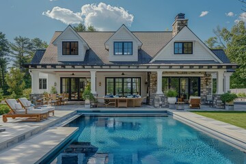 Pristine manicured lawn in front of a modern minimalist home with poolside seating, located in Long Island, New York, featuring lush green grass.