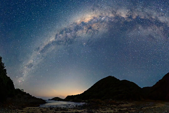 Idyllic constellations of stars in sky over Indian Ocean in Tsitsikamma Section, Garden Route National Park, Eastern Cape, South Africa