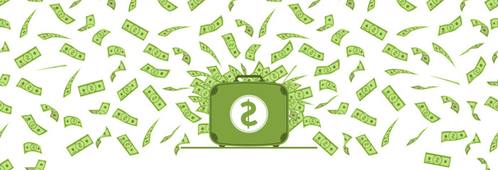 A suitcase with money that flies everywhere. A win or a monetary reward.