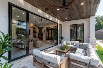Charming back porch with wood flooring, ceiling, and light fixtures, surrounded by white columns and greenery, featuring a hanging lantern above the dining area.