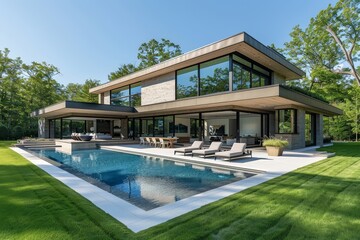 Fototapeta premium Pristine lawn in front of a modern minimalist home with poolside seating in Long Island, New York, showcasing lush green grass and a relaxing area.