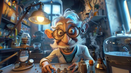 Obraz premium Cartoon character of a crazy scientist in a science lab. Using AI to create new applications