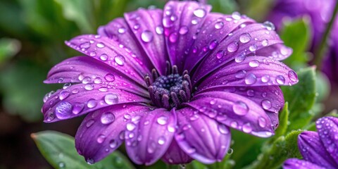 A close-up of a purple flower with droplets of water on its petals after a light rain, the background softly blurred to emphasize the detail in the bloom. - Powered by Adobe