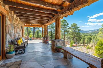 Fototapeta premium Luxurious modern back porch in a Colorado pine forest, featuring stone columns, wood beams, large bench seating area, and concrete floor, captured from a low angle.