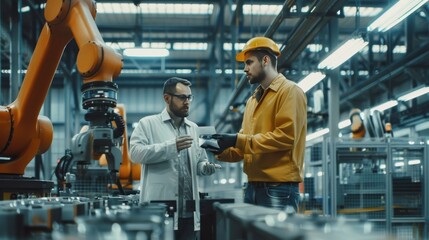 Chief engineer and project manager in modern industrial factory with robot arms talking and planning optimization of production