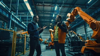 Fototapeta premium Chief engineer and project manager in modern industrial factory with robot arms talking and planning optimization of production