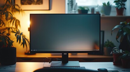 A black computer monitor, front view, a white wall with a little yellow light in background. Generative AI.