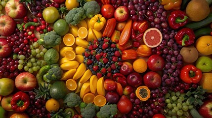 Circle of Fresh and Colorful Fruits and Vegetables. A vibrant assortment of various fruits and vegetables arranged in a captivating circle