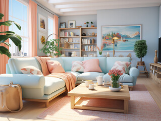 Outstanding Stylish interior of modern living room with light wall
