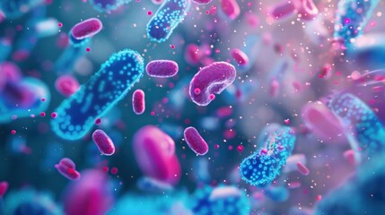 Fototapeta premium close up of 3d microscopic blue and pink bacteria. Concept of science and medicine. Staphylococcus aureus, pyogenes, pneumoniae, Salmonella enterica, or E. coli