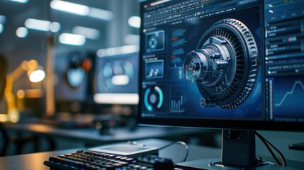 Close Up of a Desktop Computer Monitor Screen with 3D CAD Software with Prototype Jet Engine Project