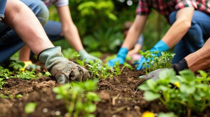 Close up of a group of people wearing gloves planting young green plants into rich soil