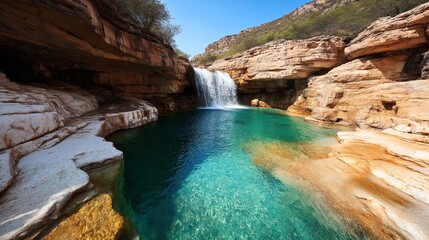 Naklejka premium Scenic view of a waterfall cascading into a clear turquoise pool surrounded by rocky cliffs and greenery under a blue sky.