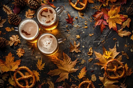Friends enjoy hearty beers alongside pretzels surrounded by colorful autumn leaves, embodying the spirit of Oktoberfest.
