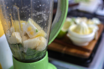 Close Up Of Mix Fruit And Vegetable On Blender For Healthy Food And Drink
