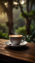 Obraz premium A small cup of steaming coffee rests on a wooden table amidst a vibrant, green environment during the calming evening light. Generative AI