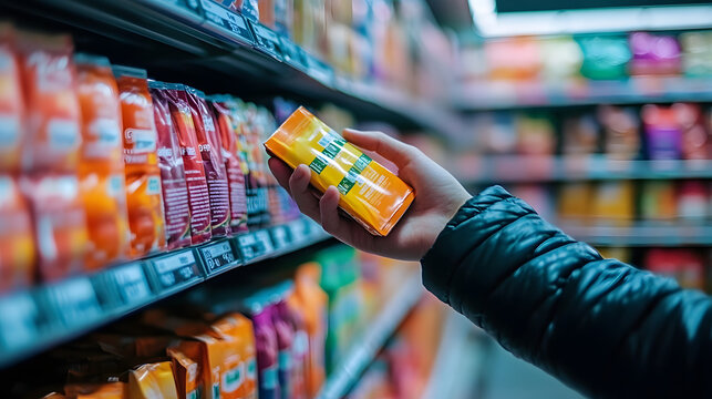 A hand extends towards a colorful product on a grocery store shelf, highlighting the choices available among various packaged goods