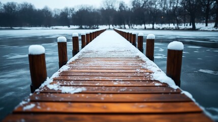 Obraz premium Snow-covered wooden pier extending into a frozen lake, with snow on the wooden posts, surrounded by a wintery landscape with bare trees in the background.