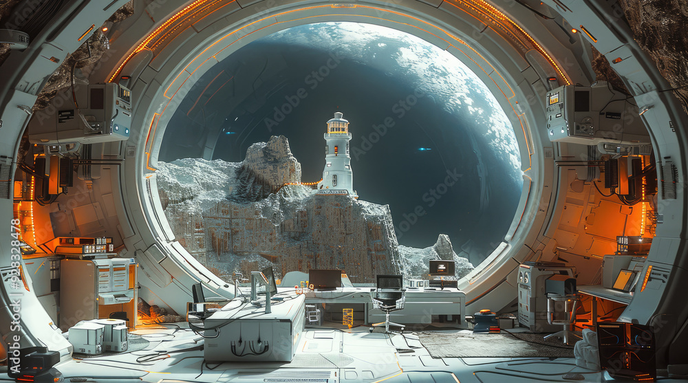 Aufkleber An office on the edge of the space lighthouse. There are no planets, stars, or lights around. It is only shining from the space lighthouse, serving as a guide for other space travelers. Generative AI.