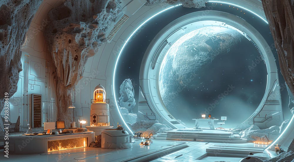 Aufkleber an office on the edge of the space lighthouse. there are no planets, stars, or lights around. it is 