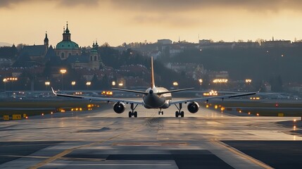 Fototapeta na wymiar An airplane departing from the airport in Prague, Czech Republic, soaring into the sky as it leaves the runway.