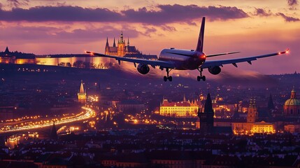 An airplane departing from the airport in Prague, Czech Republic, soaring into the sky as it leaves the runway.