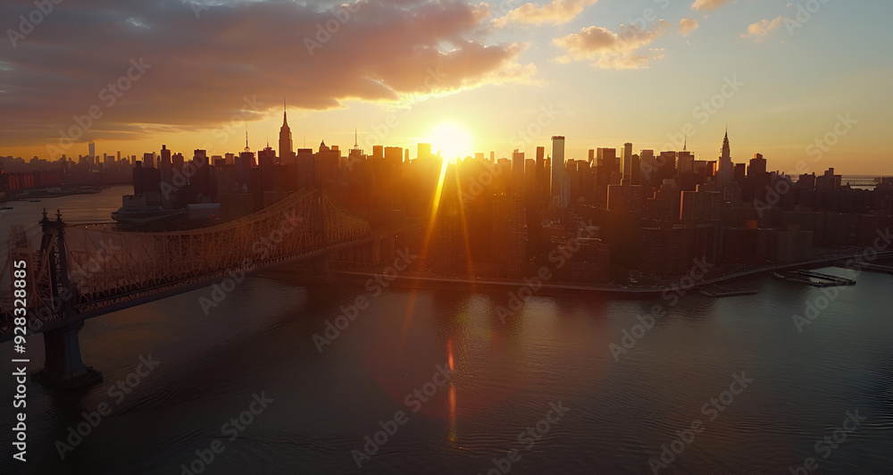 Wall mural unset over a city skyline with a body of water in front of it, city sunset view, urban skyline with sunset, sunset reflection on water