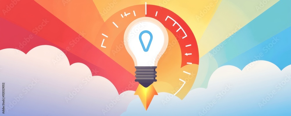 Aufkleber light bulb launching as a rocket through colorful clouds representing innovative ideas and creativit