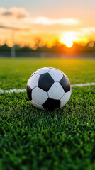 A close-up of a soccer ball resting on a lush green field with a beautiful sunset in the background, capturing the essence of sport.