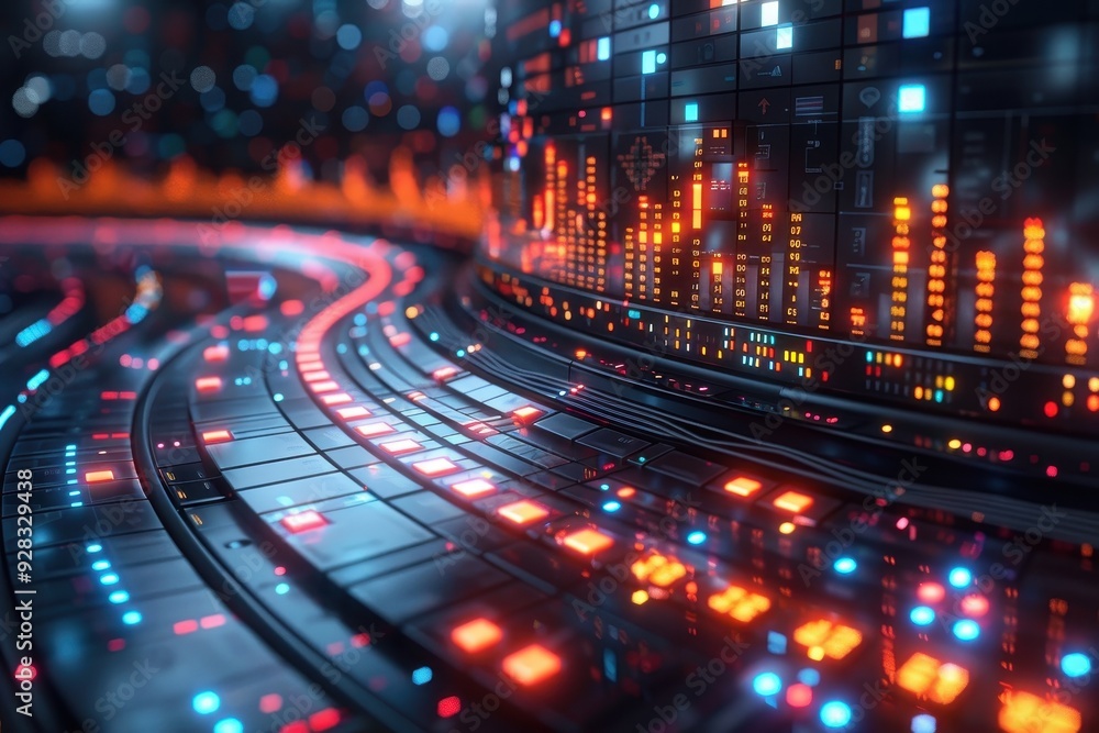 Poster a vibrant digital landscape featuring glowing circuits, sound waves, and data visualization elements