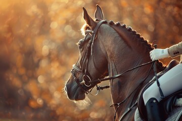 Obraz premium A rider in white gloves on bay horse illuminated by sunlight Equestrian sport