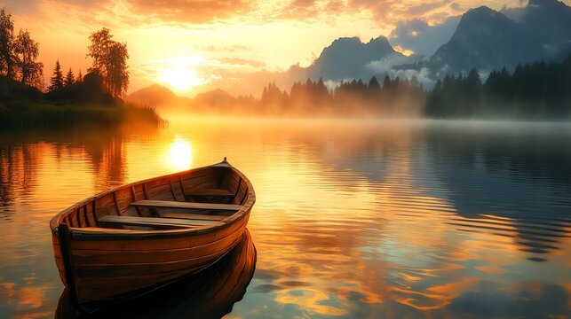 Serene sunrise over a tranquil lake with a wooden boat and misty mountains in the background. Perfect for nature and tranquility themes.