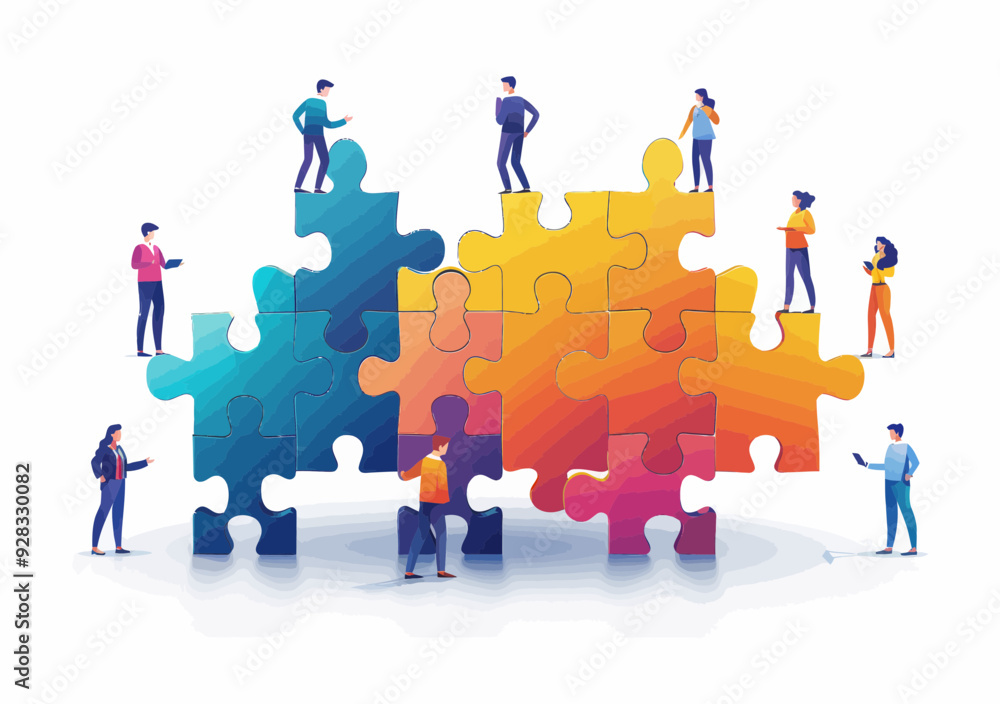 Aufkleber team collaboration and problem solving concept with diverse group of people assembling puzzle pieces