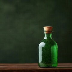 A vintage green glass bottle with a cork stopper, set against a textured dark green background, enhancing its rustic charm.
