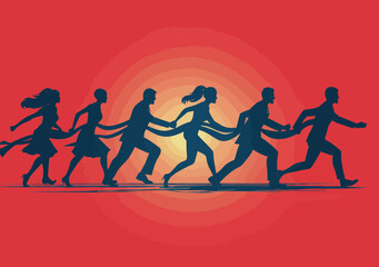 Business Team Winning Race Reaching Finish Line, Silhouette Vector Illustration, Motivational Success Achievement Concept, Competitive Business Environment