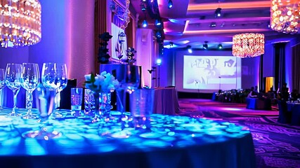 Elegant dining table with wine glasses in a dimly lit room with blue and purple lights. Suitable for concepts of luxury, nightlife, and event planning.