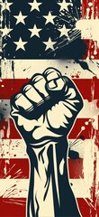 Obraz premium Patriotic poster. Clenched fist in the air in front of the american flag. Symbol of american power, strenght, unity or liberty. USA patriot