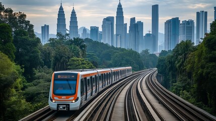 Obraz premium In Kuala Lumpur, Malaysia, the Mass Rapid Transit (MRT) Putrajaya Line train helps alleviate severe traffic congestion in the KL metropolitan area.
