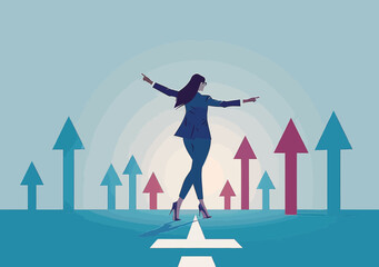 Fototapeta premium Female Leader Directing Path Forward with Confidence and Vision, Business Success Concept with Arrows, Minimalistic Vector Illustration for Inspirational Leadership and Professional Growth