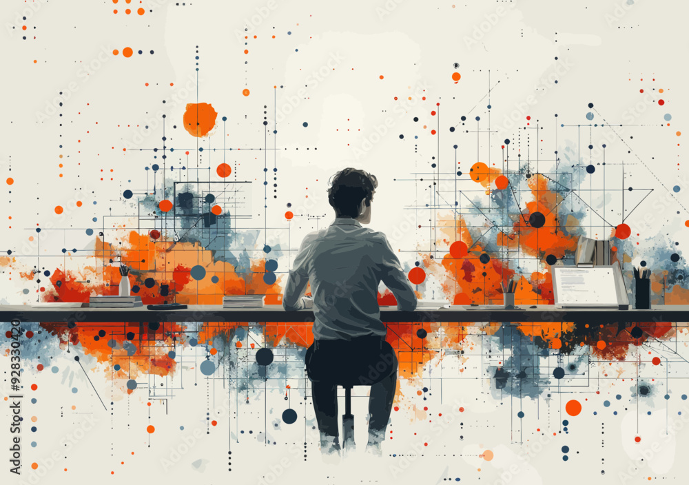 Poster businessman conceptualizing new project in modern office with abstract data visualizations and creat