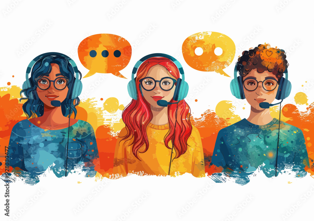 Poster modern call center customer support agents in colorful minimalistic style with headsets and speech b
