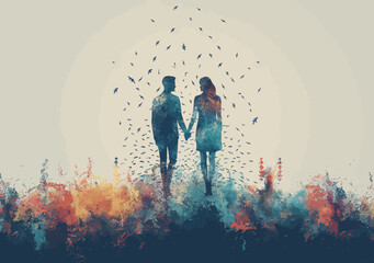 Fototapeta premium Surreal Couple Holding Hands Amid Flying Birds and Colorful Abstract Background at Dusk Conceptual Illustration